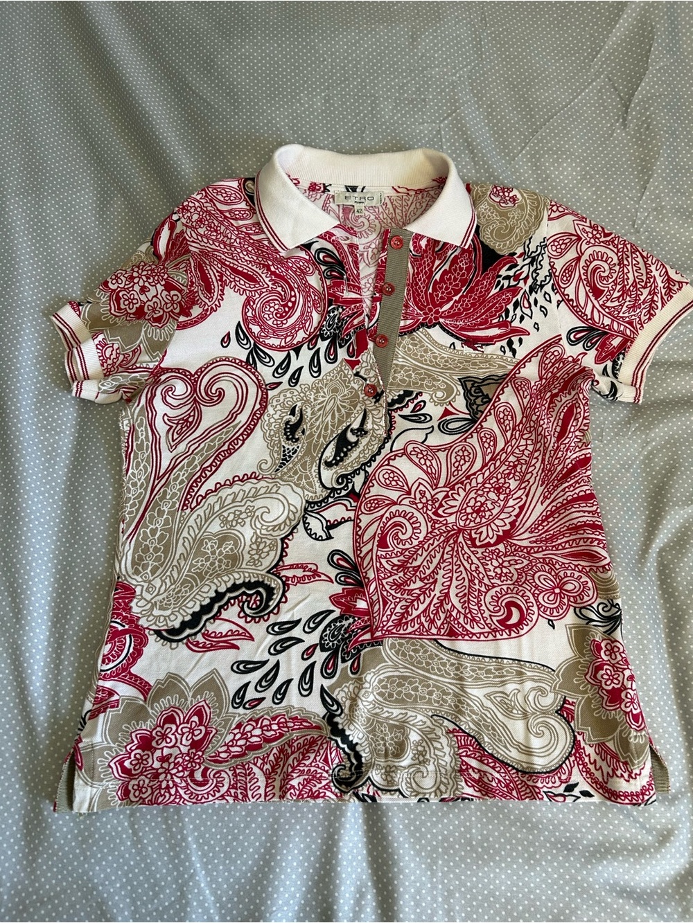 Etro White Polo with Traditional Red and Black Paisley Print